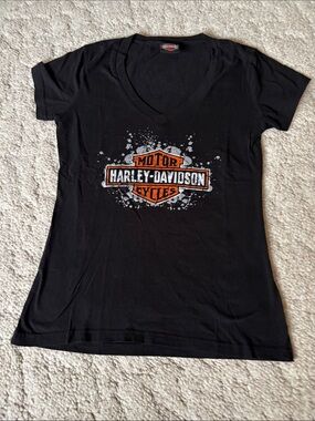 Harley-Davidson Black V-neck Tee with Orange & White Shield Logo